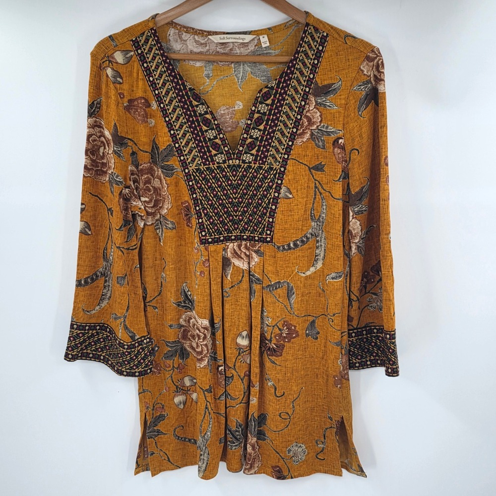 Soft Surroundings Women Mustard Yellow Floral Embroidered V-Neck Tunic Medium M